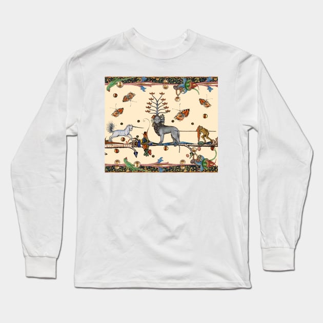 WEIRD MEDIEVAL BESTIARY COMBAT,7 HEADED APOCALIYPTIC BEAST WITH TEN HORNS,UNICORN FIGHTING MONKEY WARRIOR,GIANT BUTTERFLIES Long Sleeve T-Shirt by BulganLumini